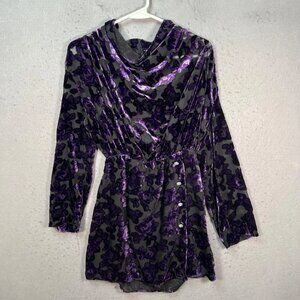 Zara Womens Medium Floral Velvet Sheer Purple & Black Long-Sleeve Tunic Dress